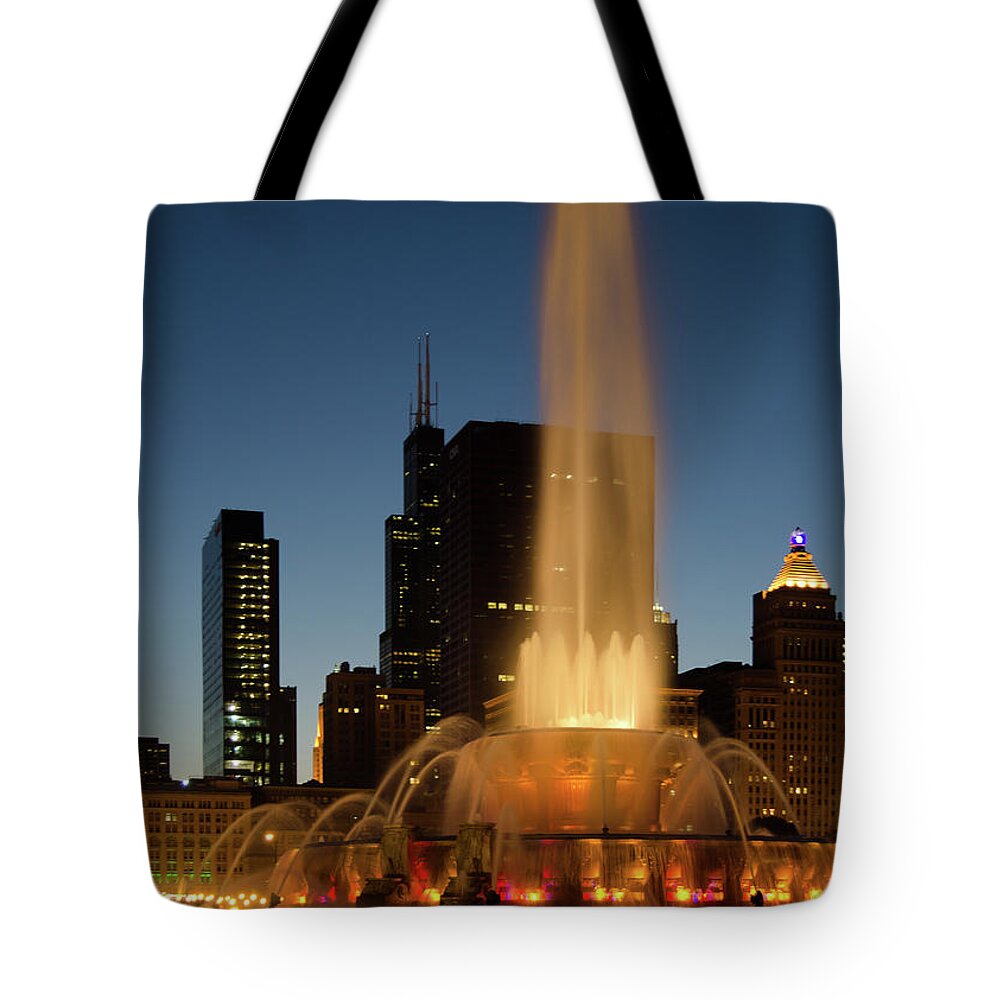 Fountain Tote Bag featuring the photograph Night time fountain by Tom Potter