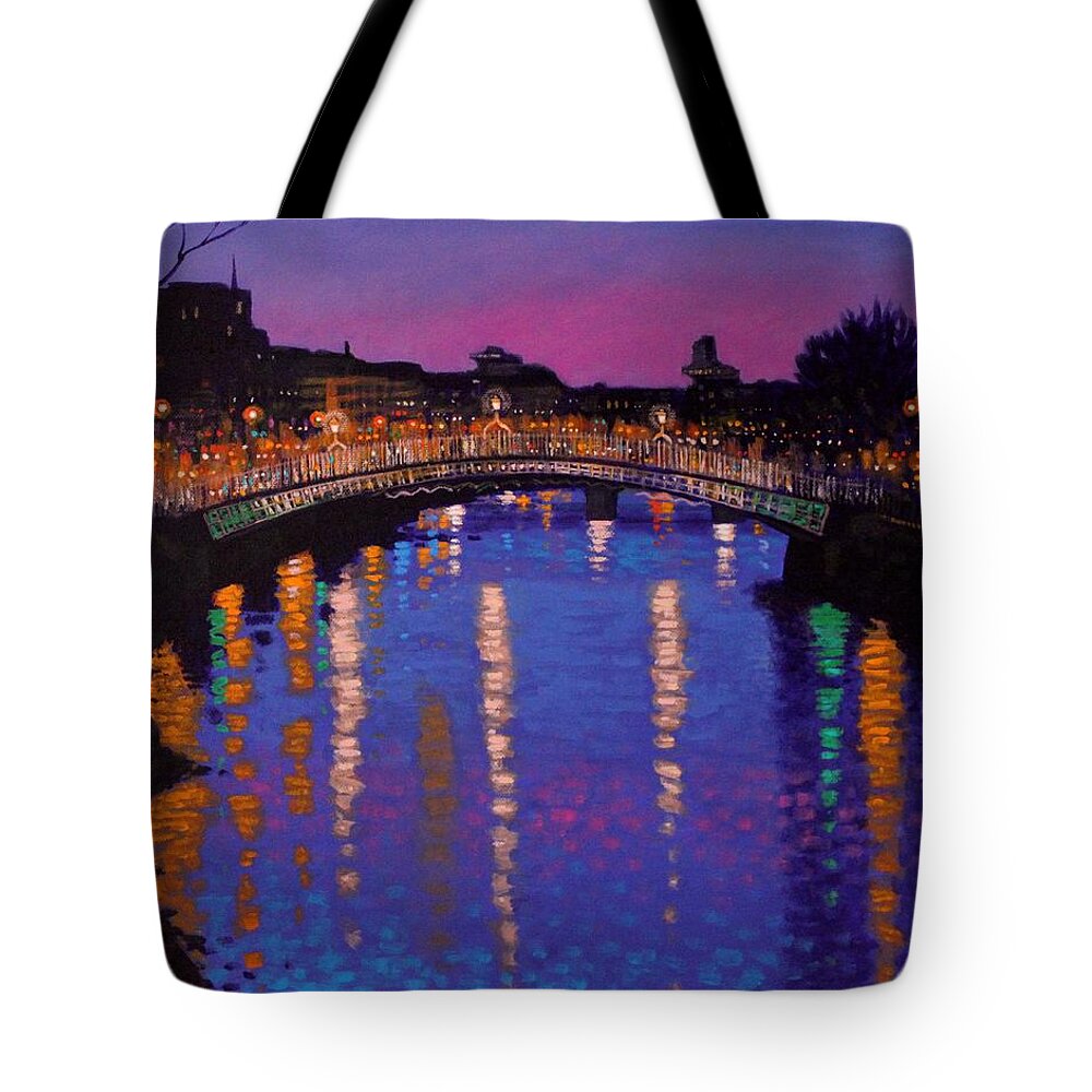 Dublin Tote Bag featuring the painting Nighttown Ha Penny Bridge Dublin by John Nolan