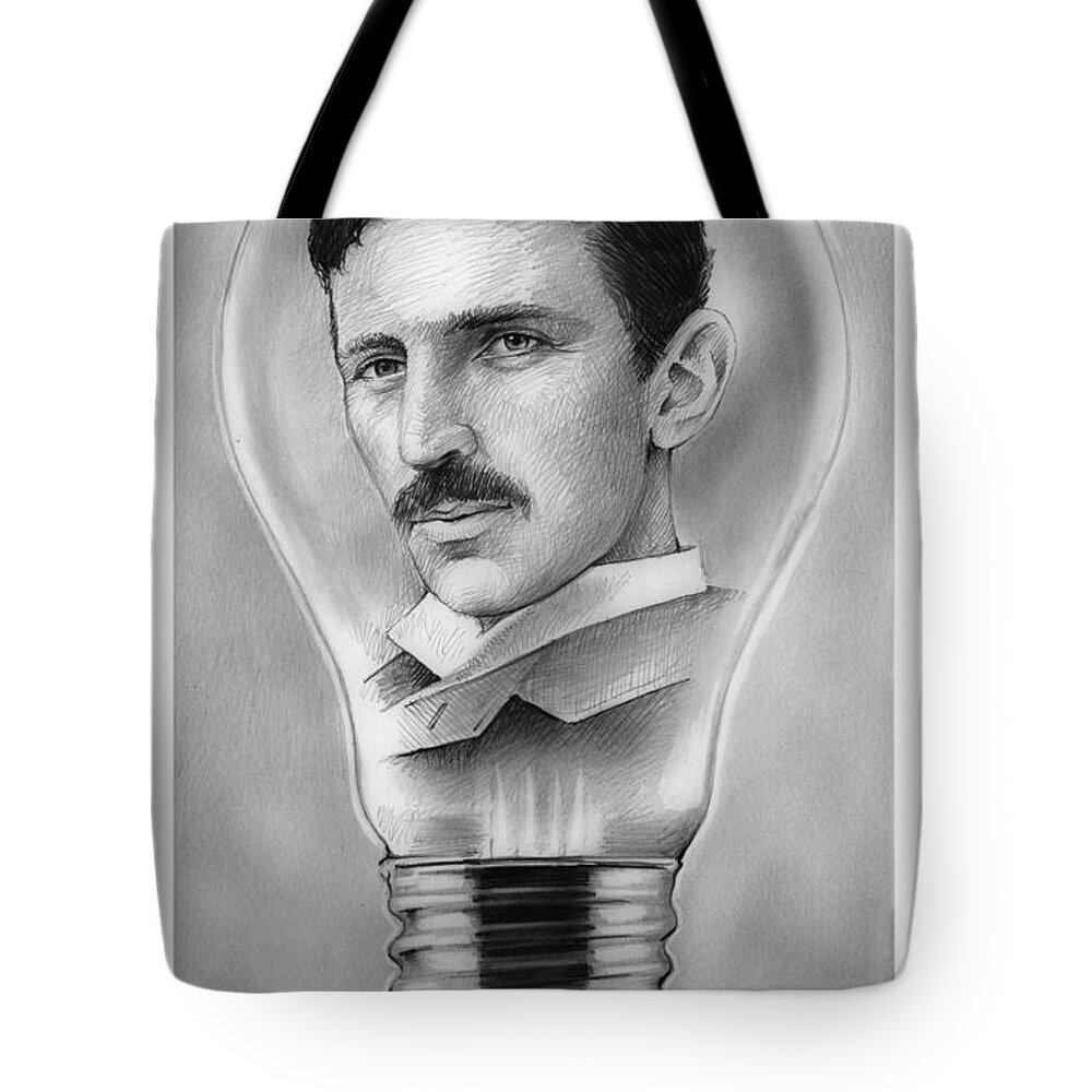 Nikola Tesla Tote Bag featuring the drawing Nikola Tesla by Greg Joens