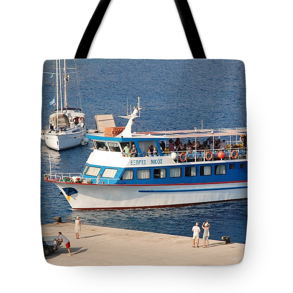 Halki Tote Bag featuring the photograph Nikos Express ferry at Halki by David Fowler