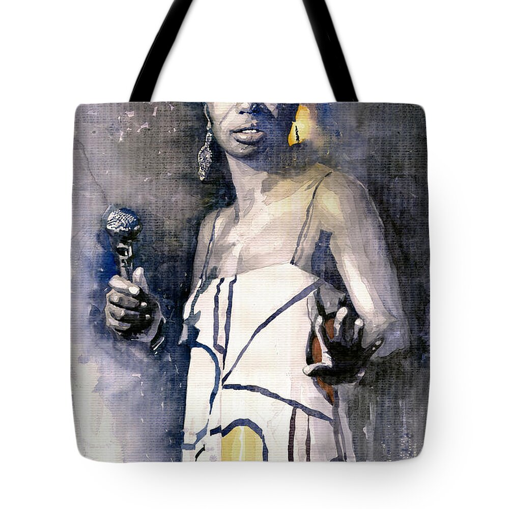Watercolor Tote Bag featuring the painting Nina Simone by Yuriy Shevchuk