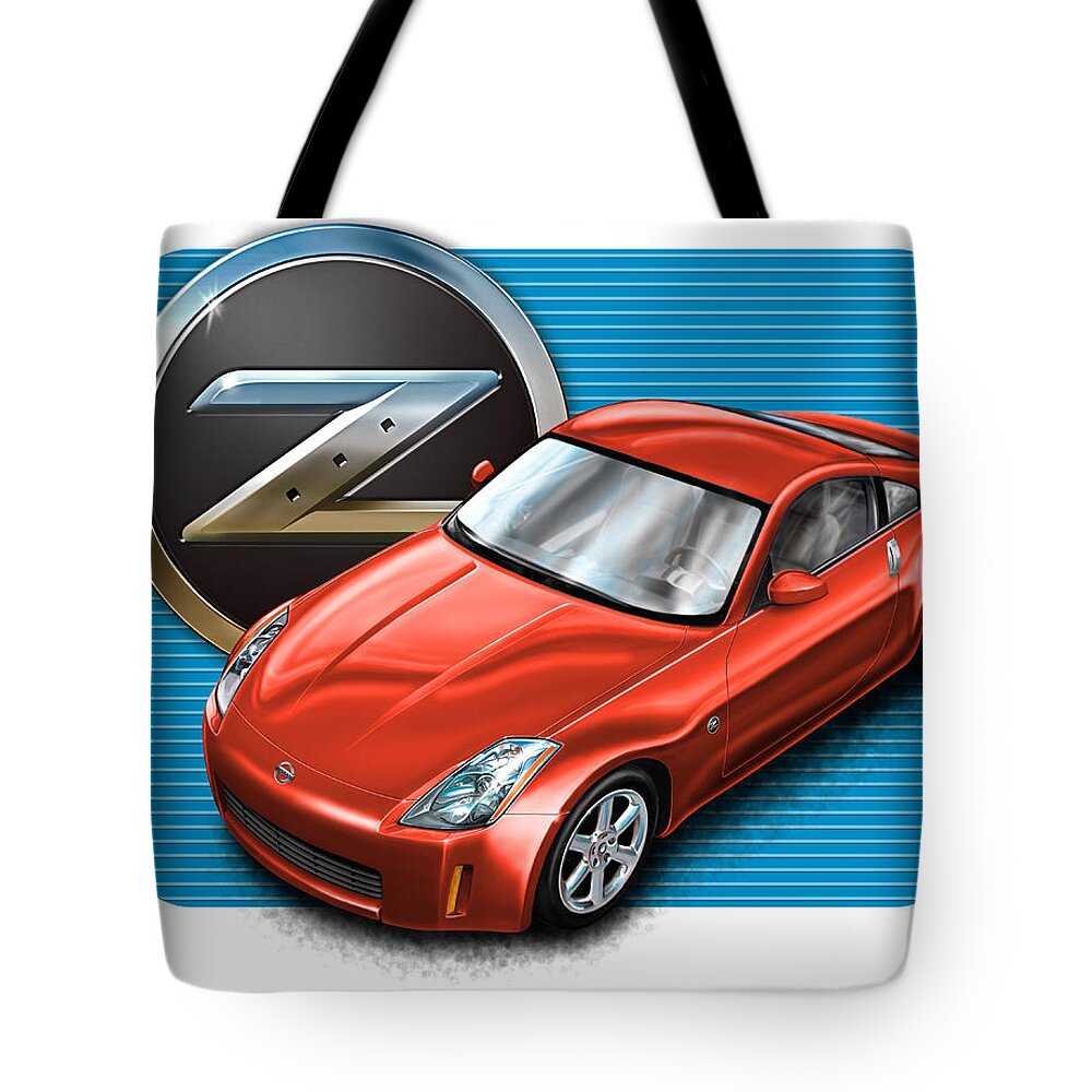 Nissan Tote Bag featuring the digital art Nissan Z350 Red by David Kyte