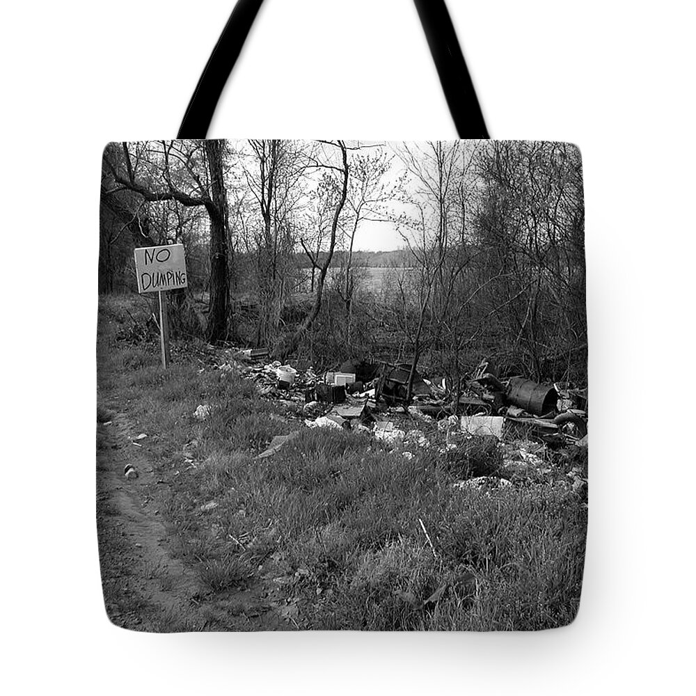 Garbage Tote Bag featuring the sculpture No Dumping by DArcy Evans