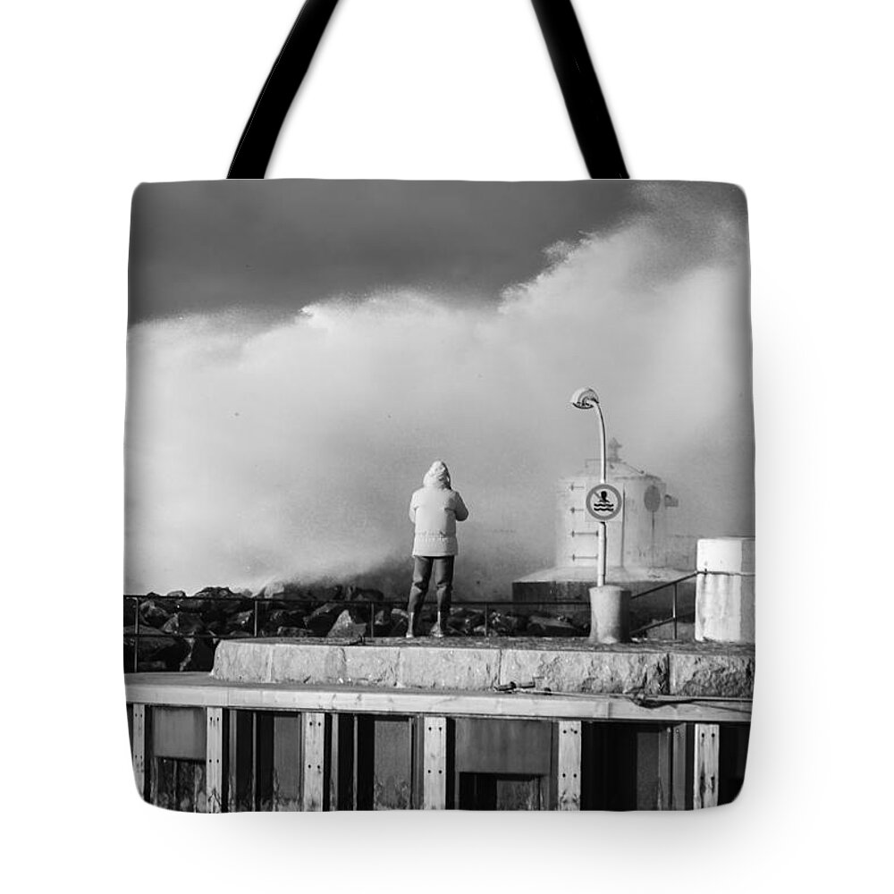 Black Tote Bag featuring the photograph No Swimming - Black and white by Marcus Karlsson Sall