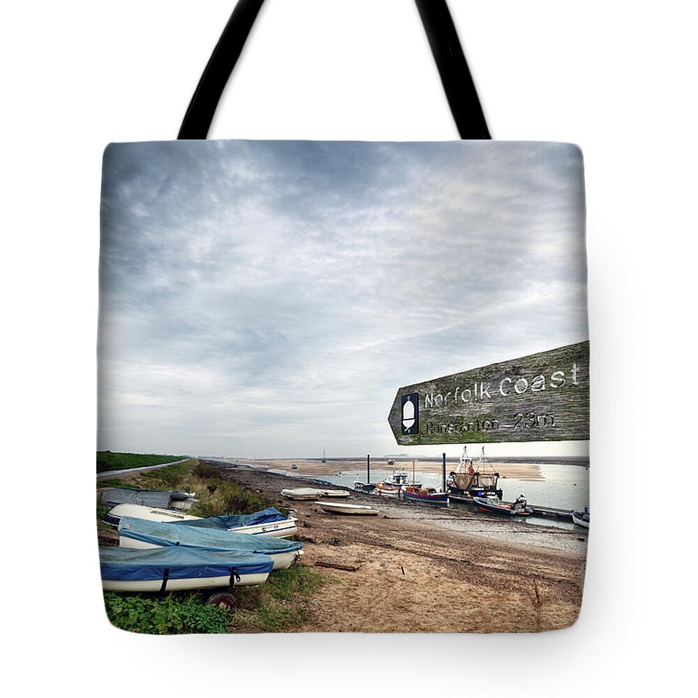 Norfolk Tote Bag featuring the photograph Norfolk coastal path sign and boats by Simon Bratt