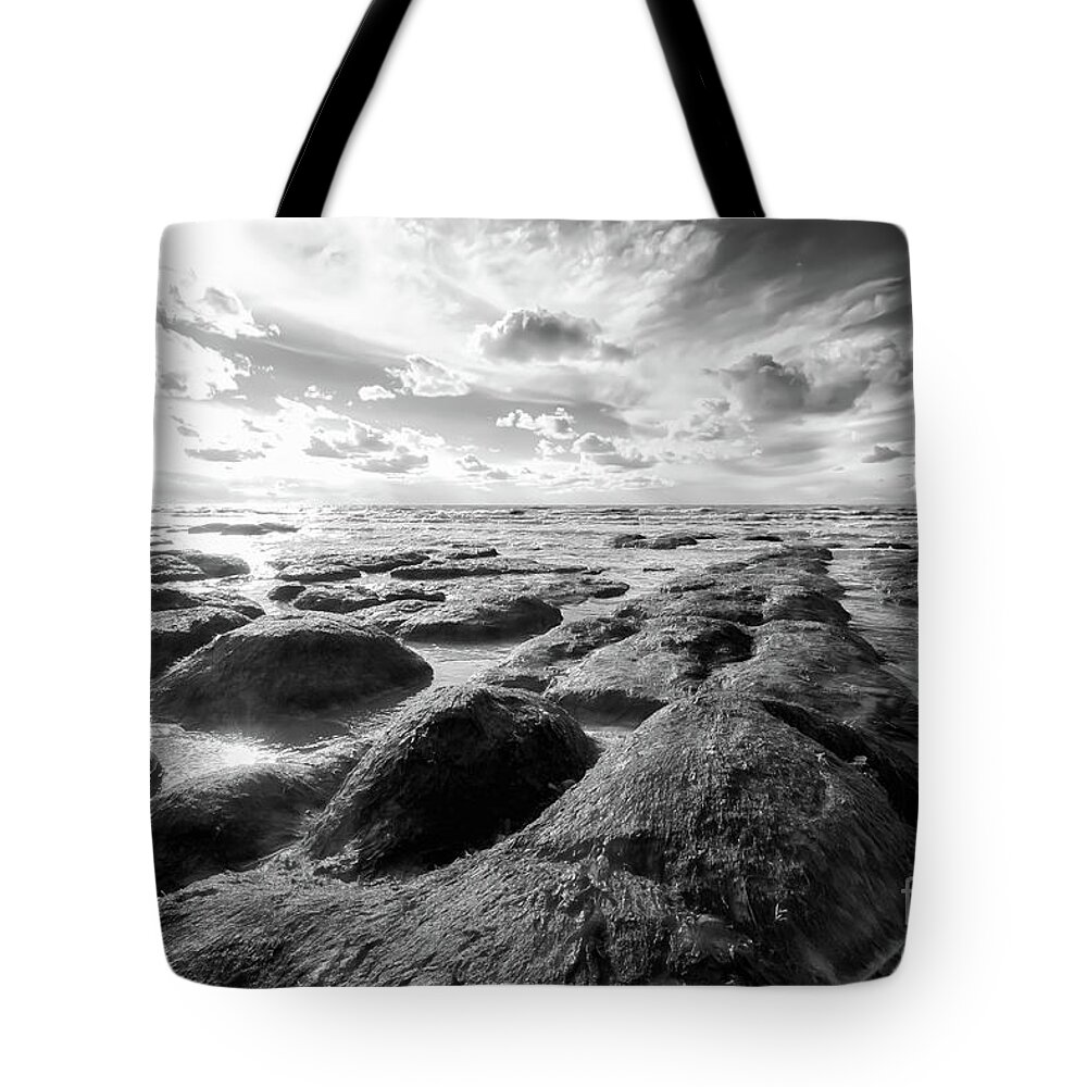 Norfolk Tote Bag featuring the photograph Norfolk Hunstanton rugged coastline black and white by Simon Bratt