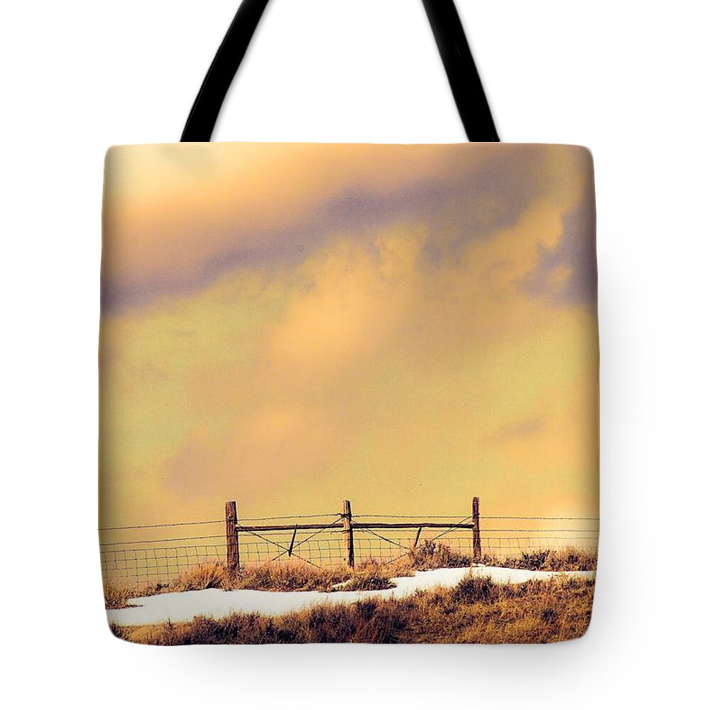 Fenceline Tote Bag featuring the photograph North Gate to Sunset by Amanda Smith