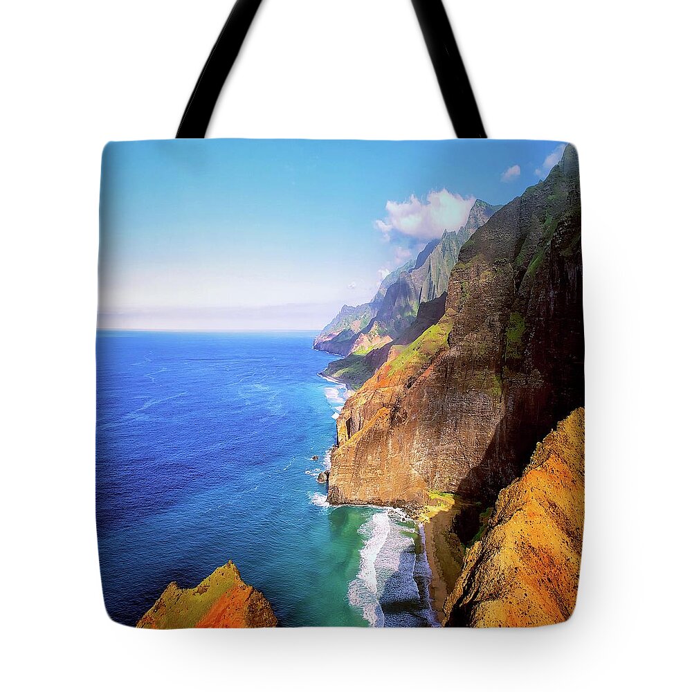 Olenaart Tote Bag featuring the photograph Kauai, Hawaii Aerial View of the North Na Pali Coast by OLena Art by Lena Owens - Vibrant DESIGN