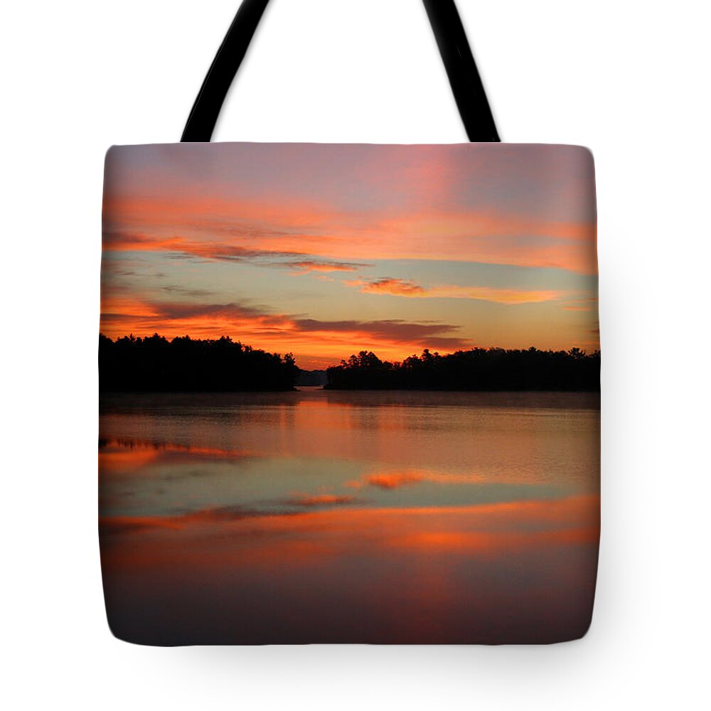 Sunrise Tote Bag featuring the photograph NorthWoods Tranquility by Brook Burling