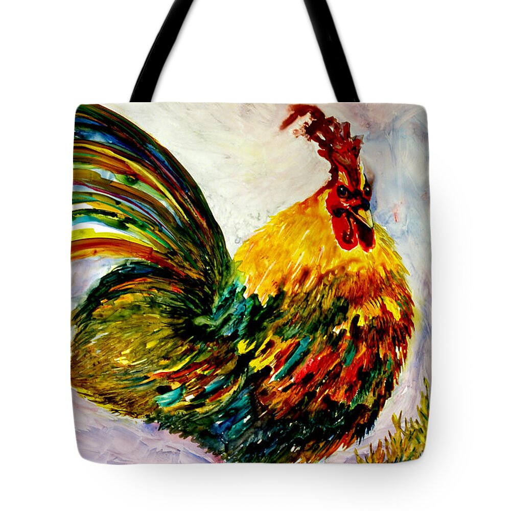Rooster Tote Bag featuring the painting Not Here? by Kim Shuckhart Gunns