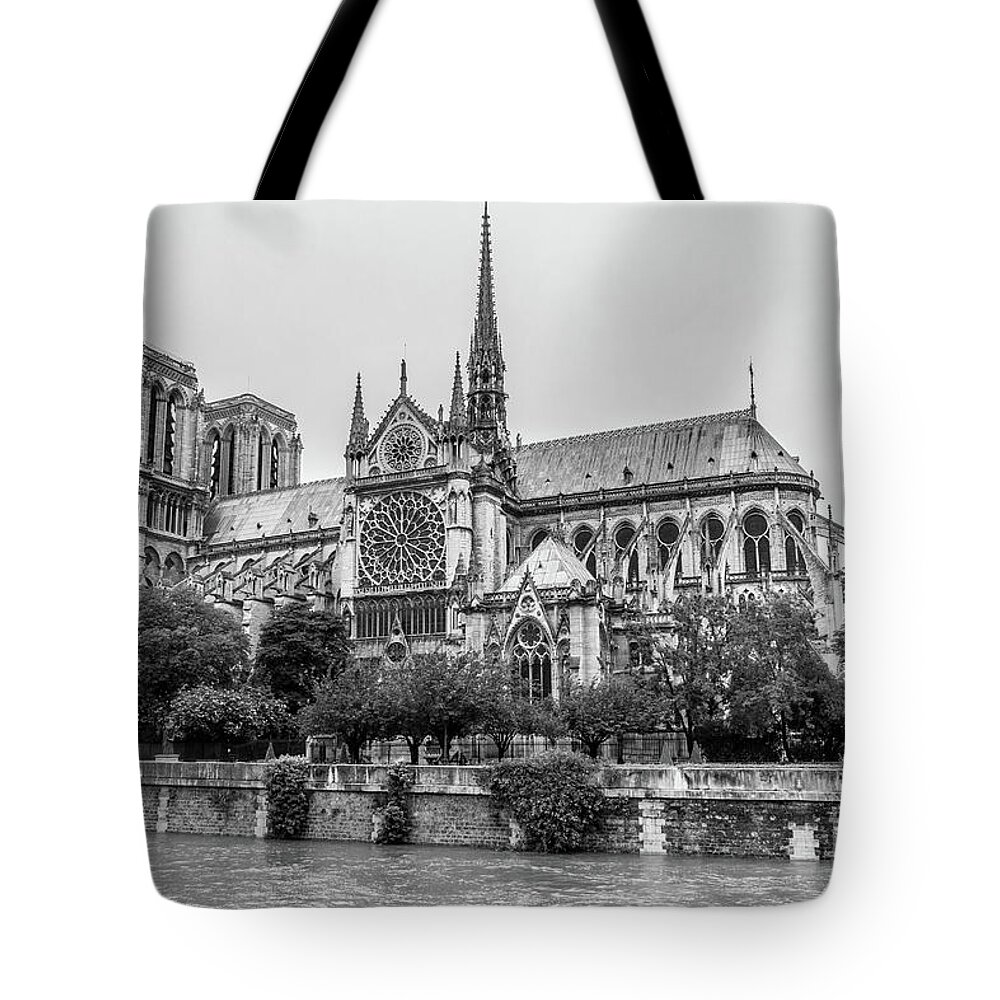 Black And White Tote Bag featuring the photograph Notre Dame At Flooded Seine River, Blk Wht by Liesl Walsh