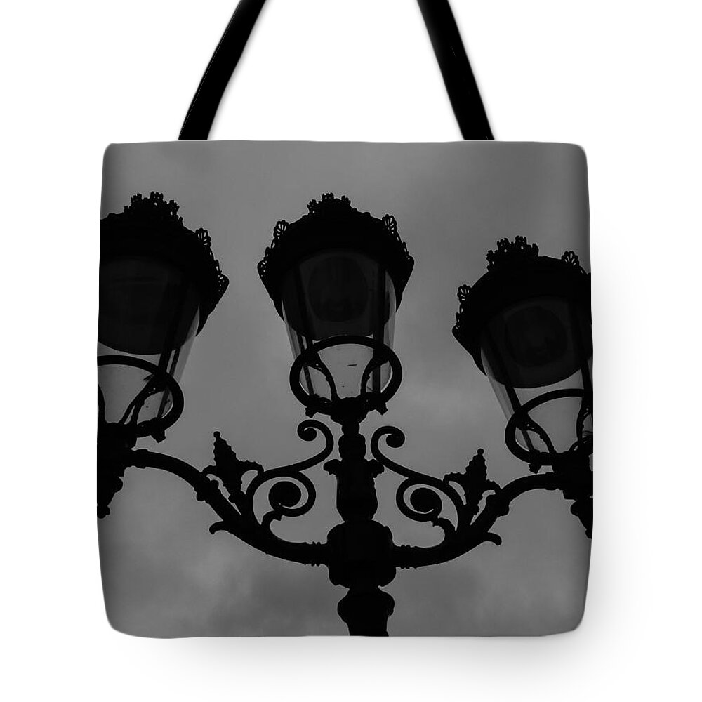 Lanterns Tote Bag featuring the photograph Notre Dame Lanterns B W by Pamela Newcomb