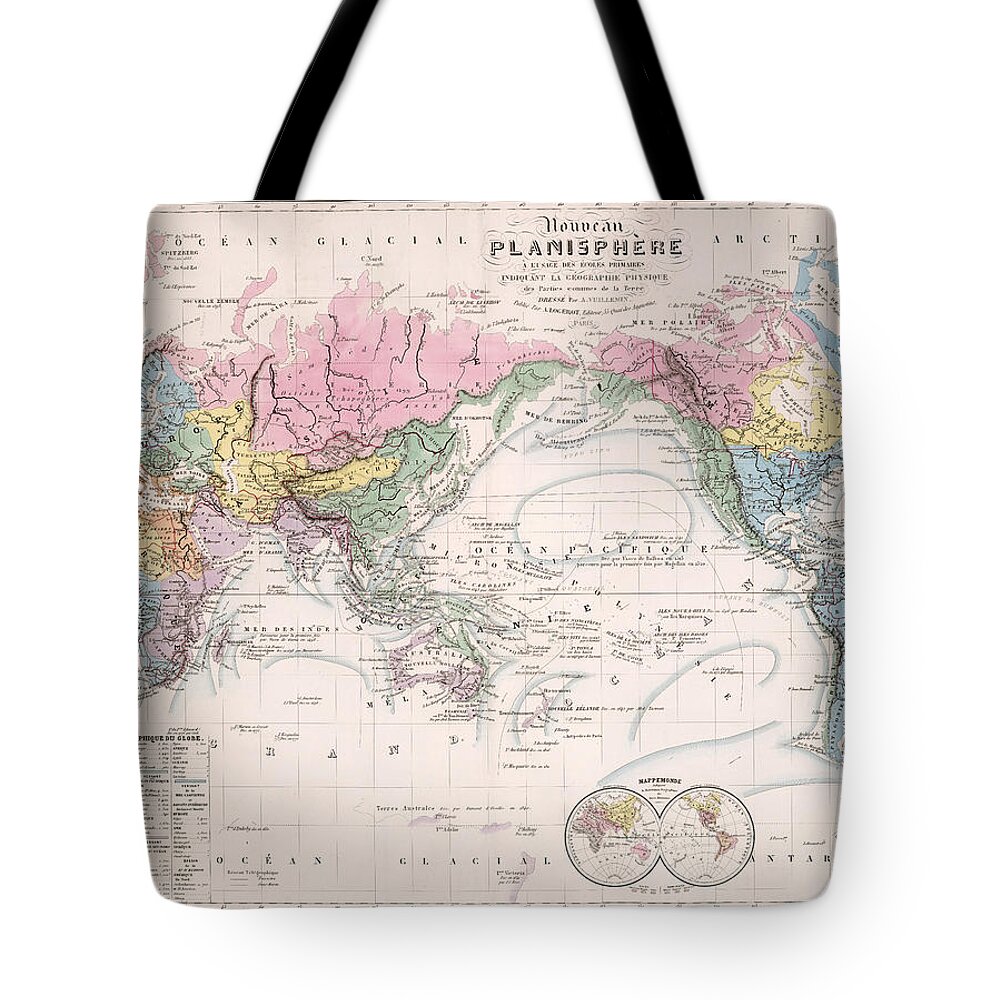 Map Of The World Tote Bag featuring the drawing Nouveau Planisphere - Map of the World - Geographical and Physical Map by Studio Grafiikka