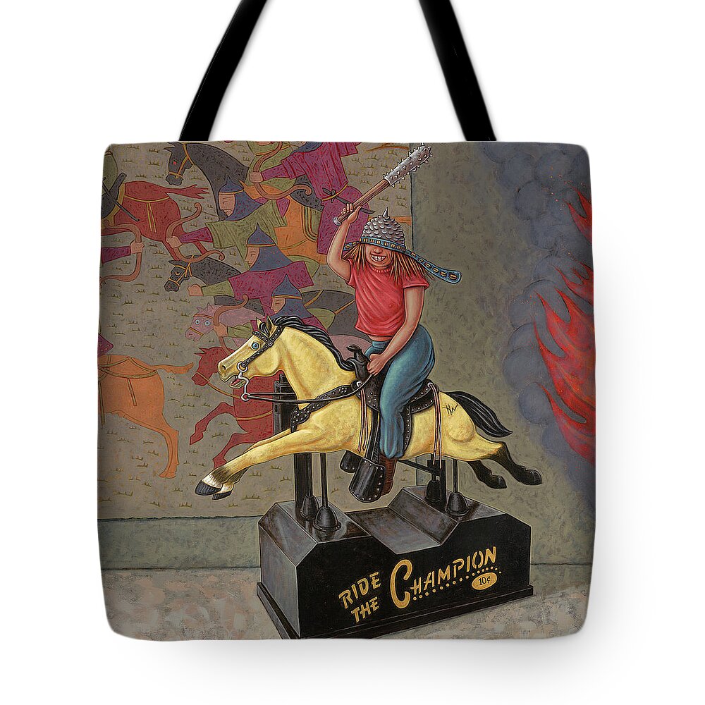 Horses Tote Bag featuring the painting Now We Ride by Holly Wood