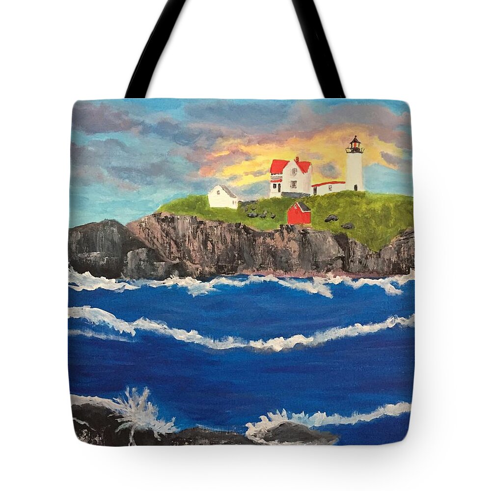 Nubble Tote Bag featuring the painting Nubble Light by Anne Sands