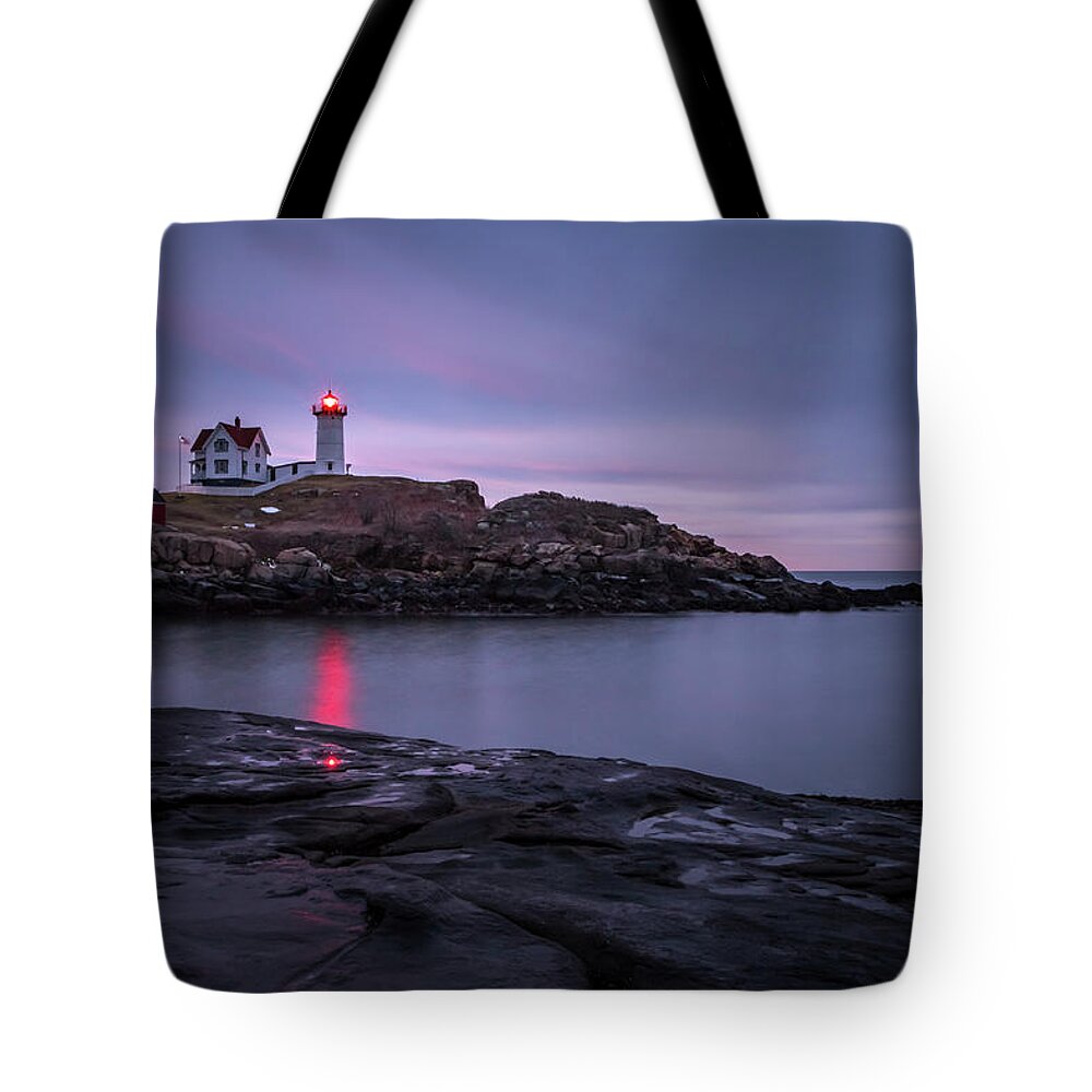 Maine Tote Bag featuring the photograph Nubble Light Blue Hour by Colin Chase