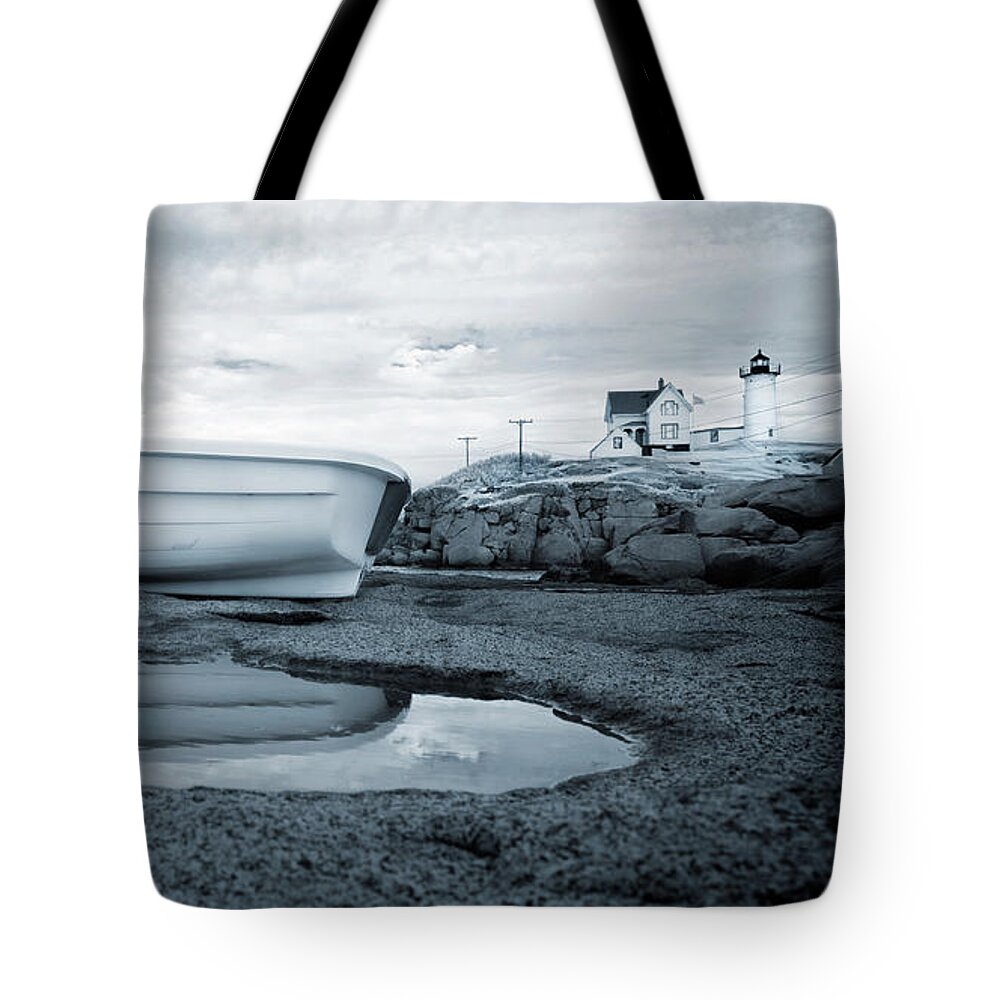 Rowboat Tote Bag featuring the photograph Nubble Light High and Dry by Luke Moore