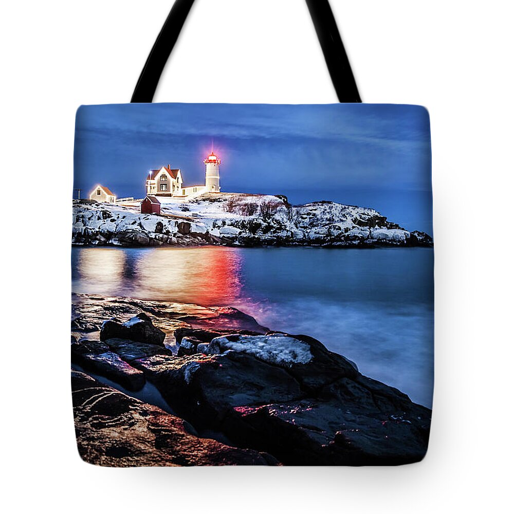 Cape Neddick Light Tote Bag featuring the photograph Nubble Lights by Robert Clifford