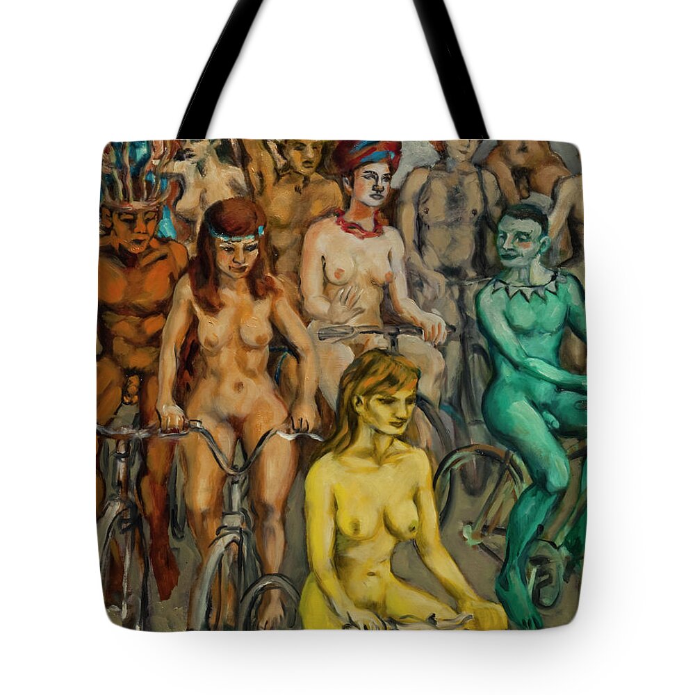 Body-paint Tote Bag featuring the painting Nude cyclists with bodypaint by Peregrine Roskilly