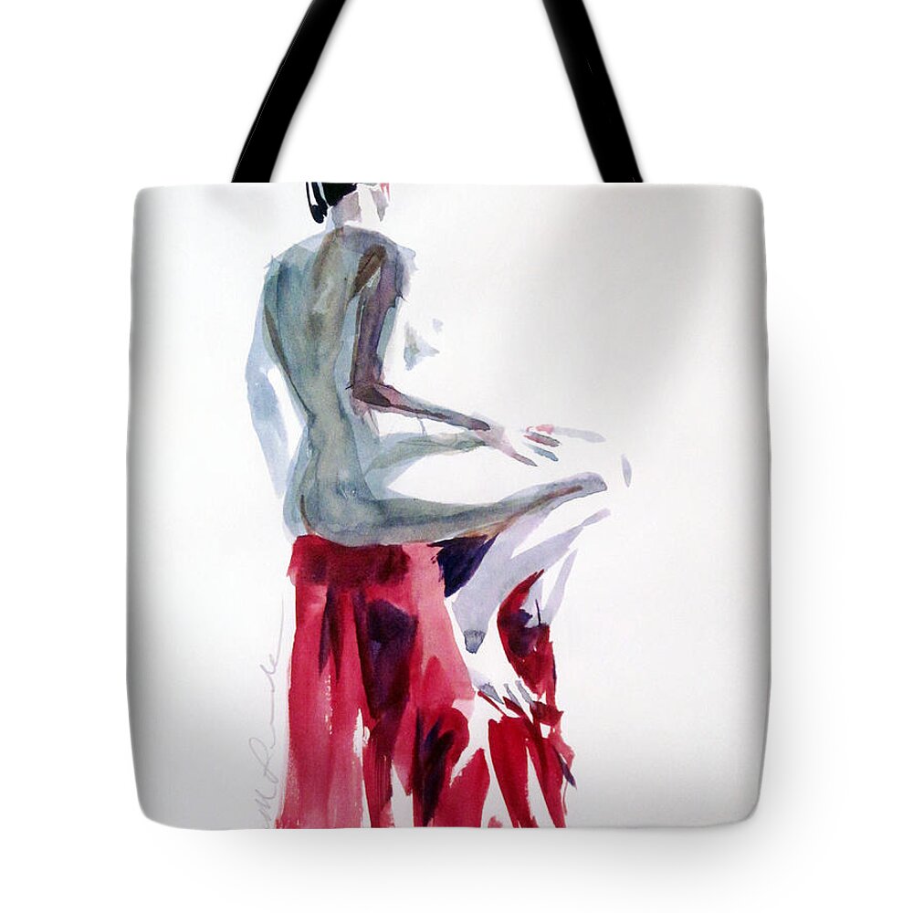 Watercolor Nude Tote Bag featuring the painting Nude on a Draped Stool by Mark Lunde