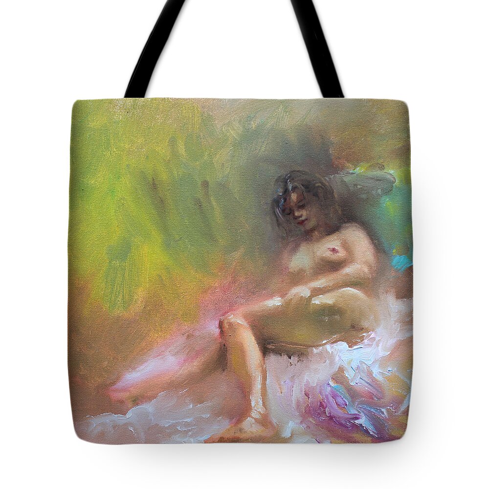 Nude Girl Tote Bag featuring the painting Nude Study by Ylli Haruni