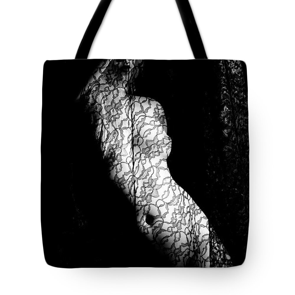 Nude Tote Bag featuring the photograph Nude with Lace by Joe Kozlowski