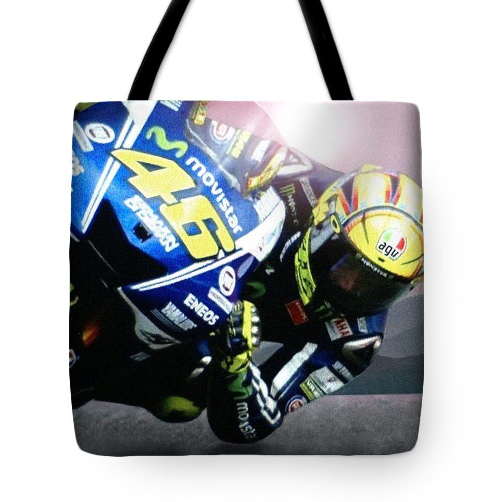 Valentino Rossi Tote Bag featuring the digital art Number 46 by Bill Stephens