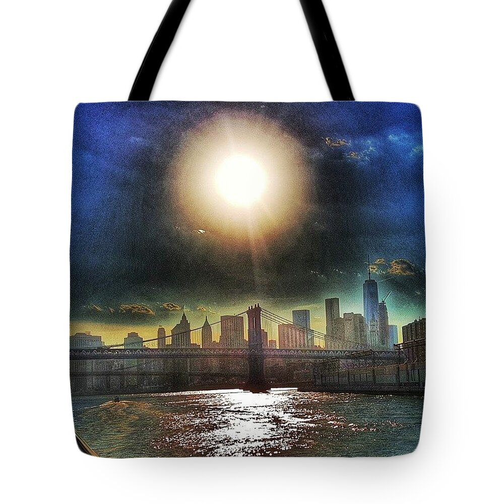 Freedom Tower Tote Bag featuring the photograph NYC Skyline at sunset by Lauren Fitzpatrick