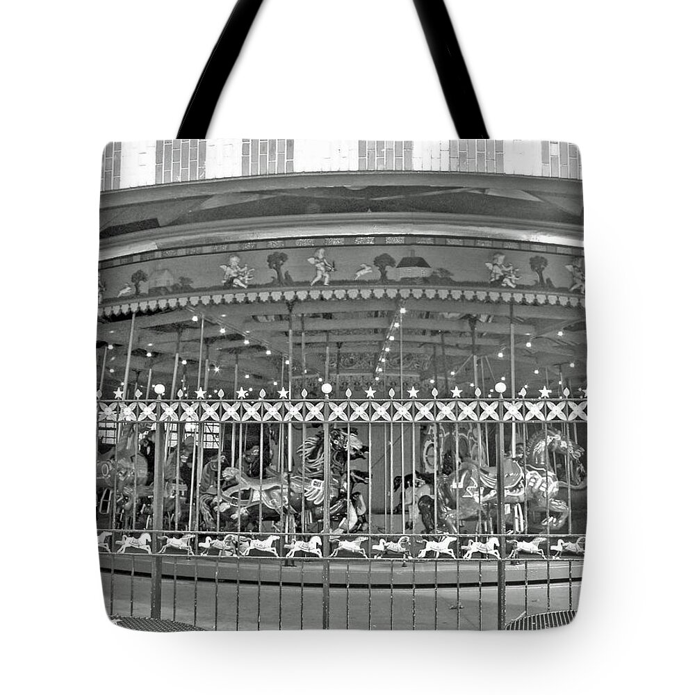 black And White Tote Bag featuring the photograph NYC Central Park Carousel by Barbara McDevitt