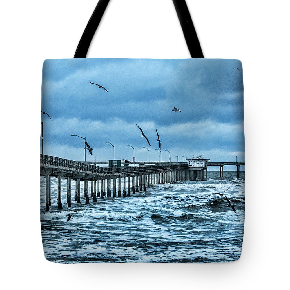 Ocean Beach Fishing Pier Tote Bag featuring the digital art Ocean Beach Fishing Pier by Daniel Hebard