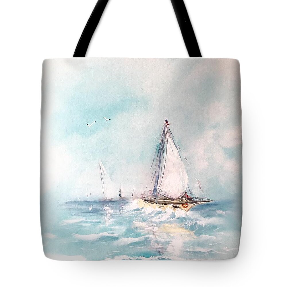 Ocean Blues Water Sea Sailing Ship Boat Wave Blue White Harbor Seascape Sky Cloud Acrylic On Canvas Print Painting Tote Bag featuring the painting Ocean blues by Miroslaw Chelchowski