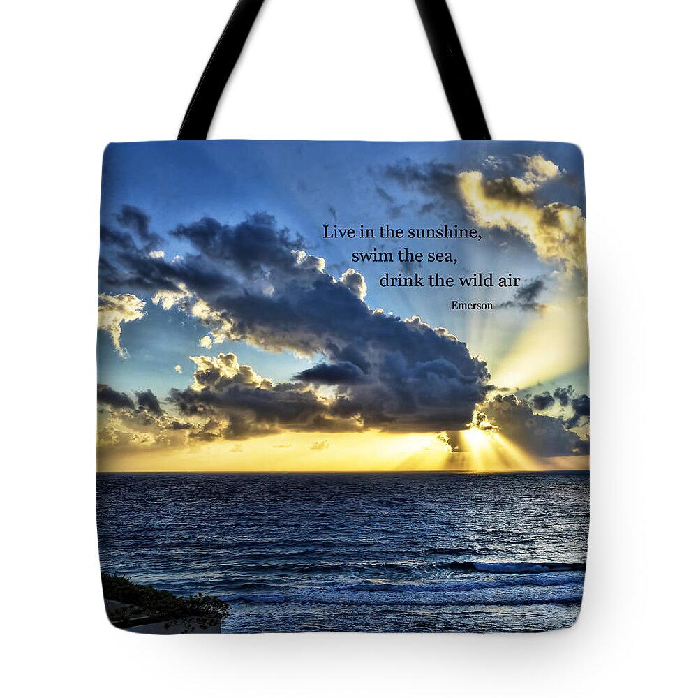 Quote Tote Bag featuring the photograph Ocean Sunrise With Emerson Quote - photography by Ann Powell