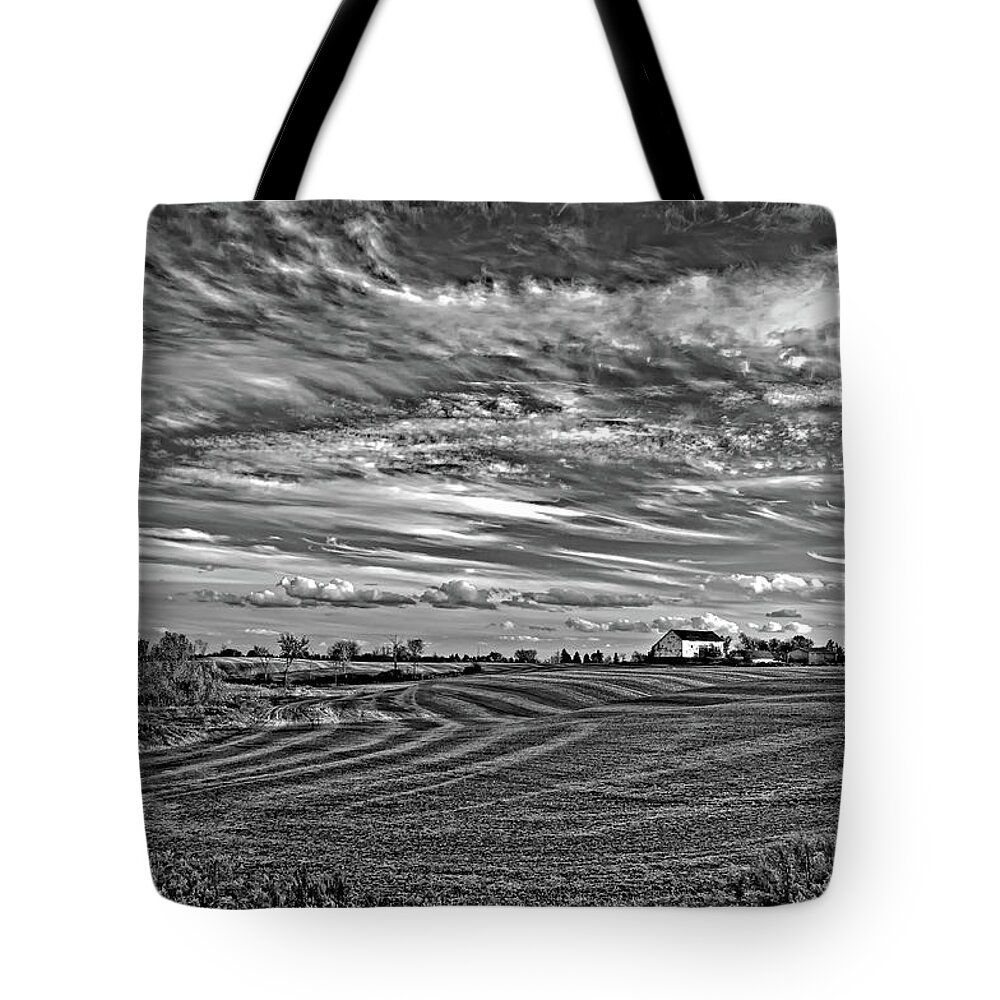 Landscape Tote Bag featuring the photograph October Patterns bw by Steve Harrington