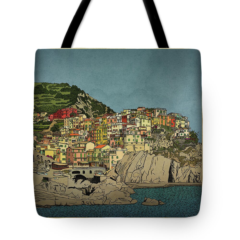 Manarola Tote Bag featuring the drawing Of Houses and Hills by Meg Shearer