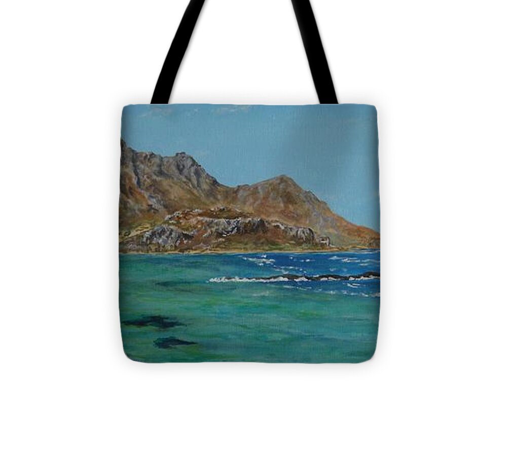 Crete Tote Bag featuring the painting Off Balos - Crete by David Capon