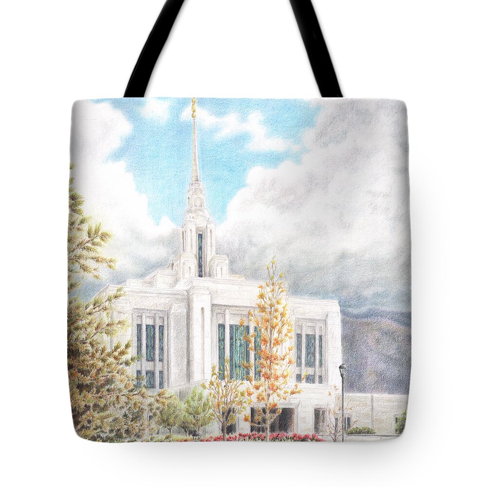 Lds Tote Bag featuring the drawing Ogden UT LDS Temple by Pris Hardy