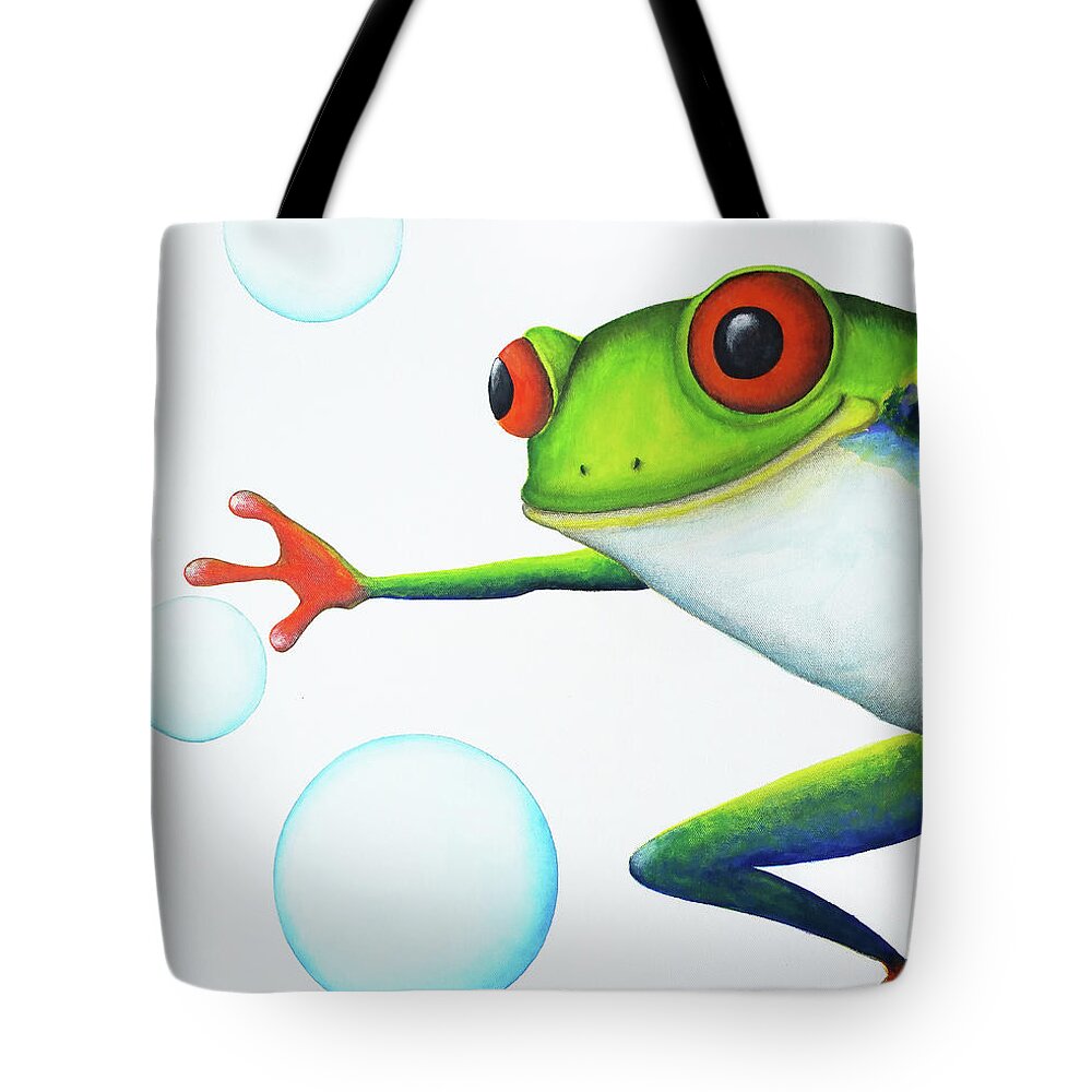 Frog Tote Bag featuring the painting Oh Bubbles by Oiyee At Oystudio