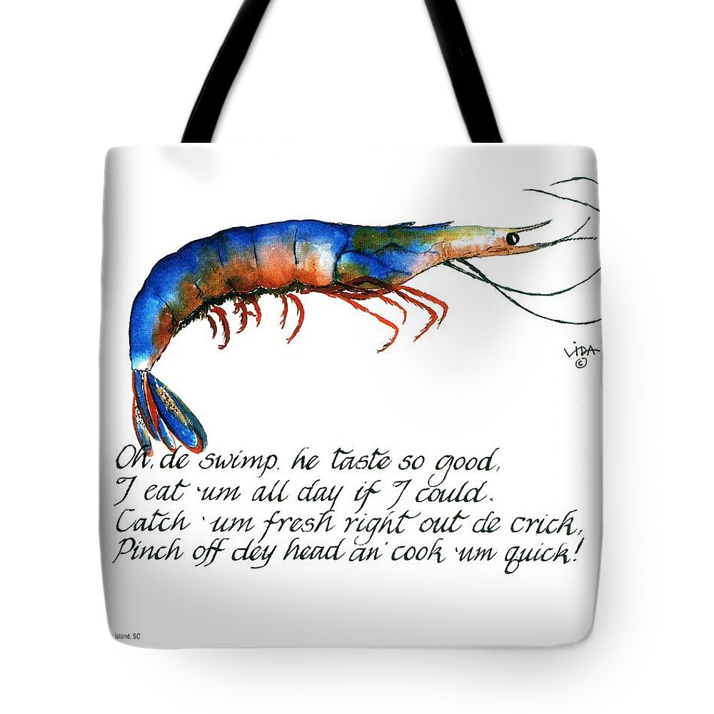 Gullah Shrimp Verse Tote Bag featuring the painting Oh de swimp by Vida Miller