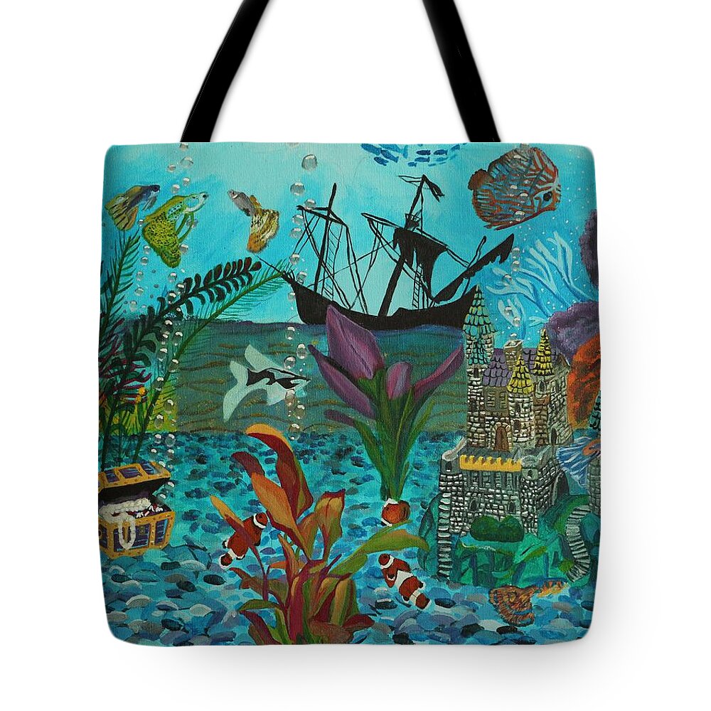 Fish Tote Bag featuring the painting Oh look a Castle by David Bigelow