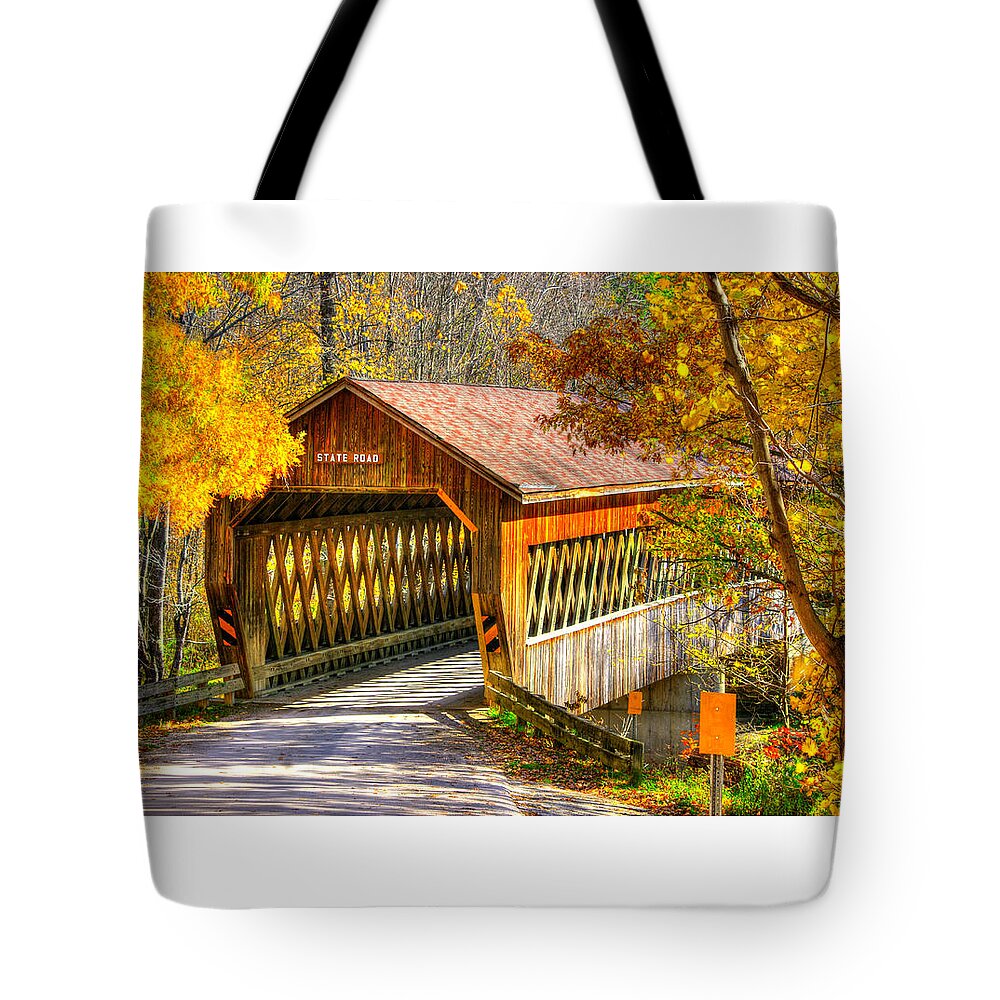 State Road Covered Bridge Tote Bag featuring the photograph Ohio Country Roads - State Road Covered Bridge Over Conneaut Creek No. 11 - Ashtabula County by Michael Mazaika