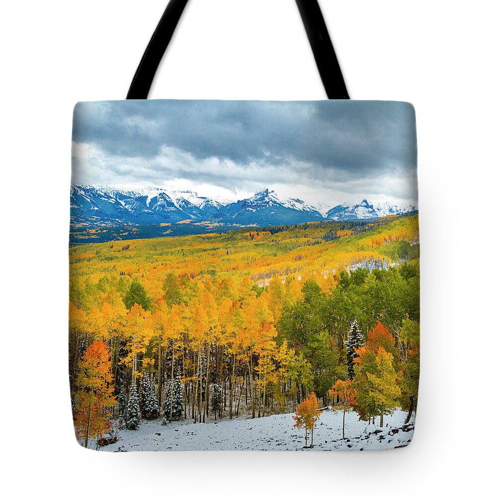 Aspen Trees Tote Bag featuring the photograph Ohio Pass Road in Full Fall Color and Snow by Teri Virbickis