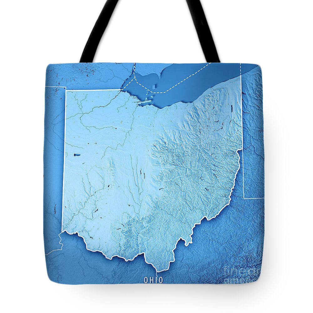Ohio Tote Bag featuring the digital art Ohio State USA 3D Render Topographic Map Blue Border by Frank Ramspott