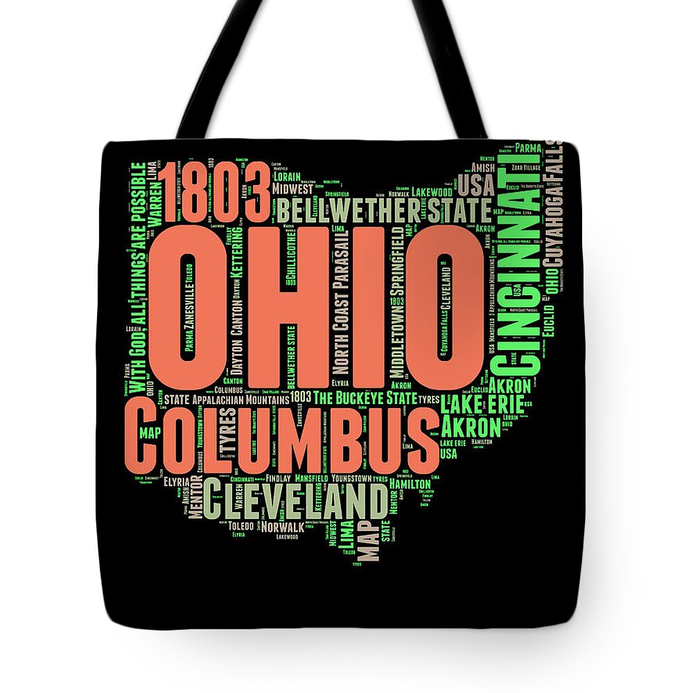Ohio Tote Bag featuring the digital art Ohio Word Cloud Map 1 by Naxart Studio