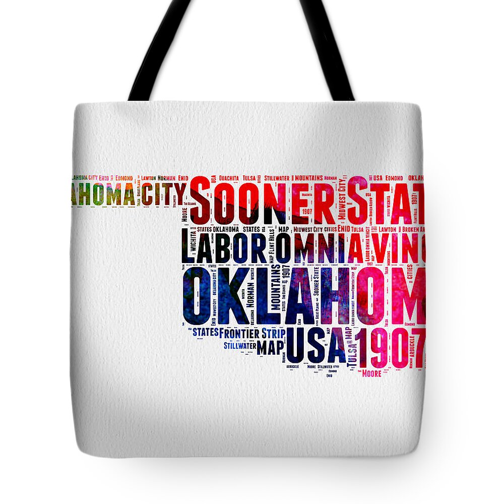 Oklahoma Tote Bag featuring the digital art Oklahoma Watercolor Word Cloud by Naxart Studio