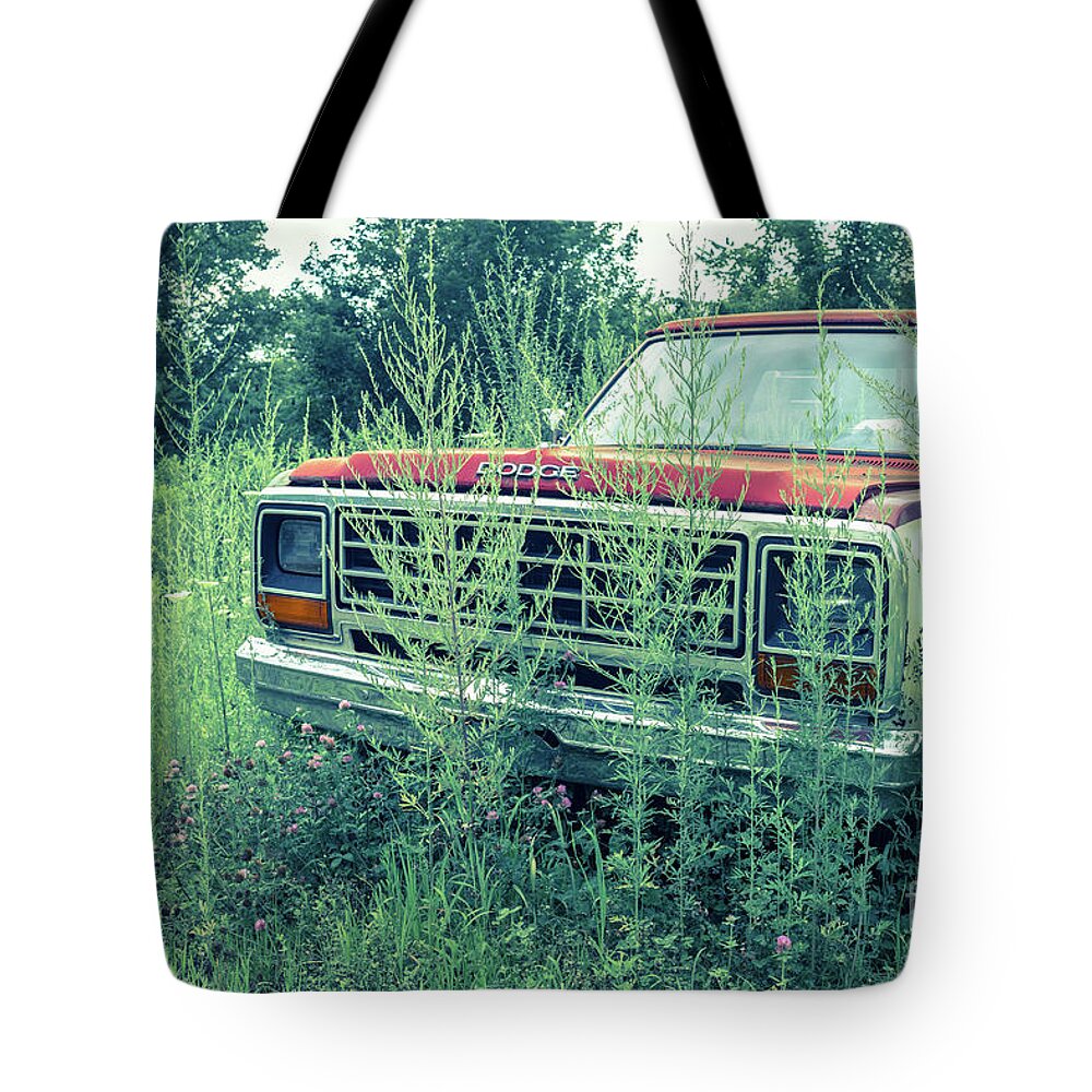 White River Junction Tote Bag featuring the photograph Old Abandoned Pickup Truck in the Weeds by Edward Fielding