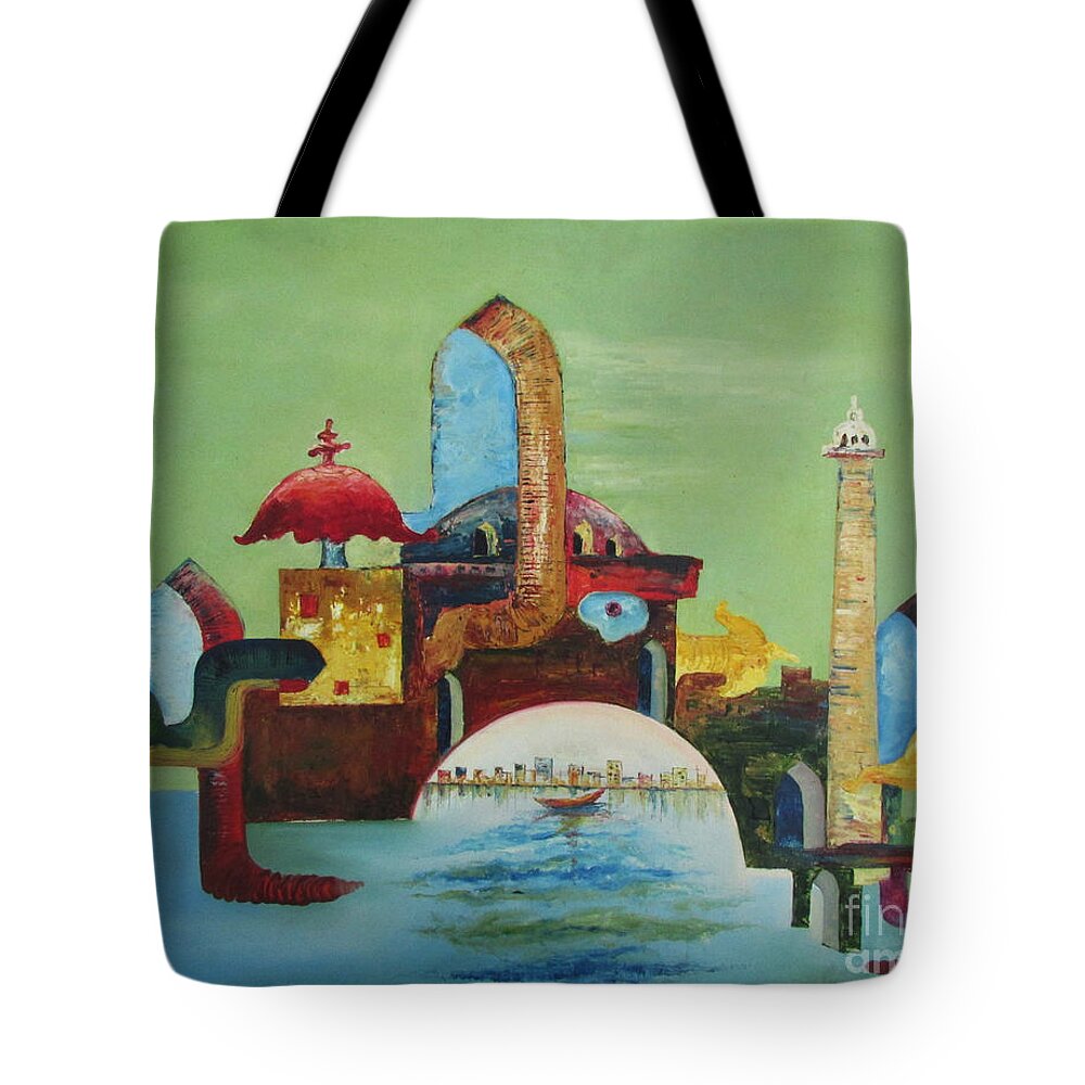 Painting Tote Bag featuring the painting Old and new Lucknow			 by Arun Kumar