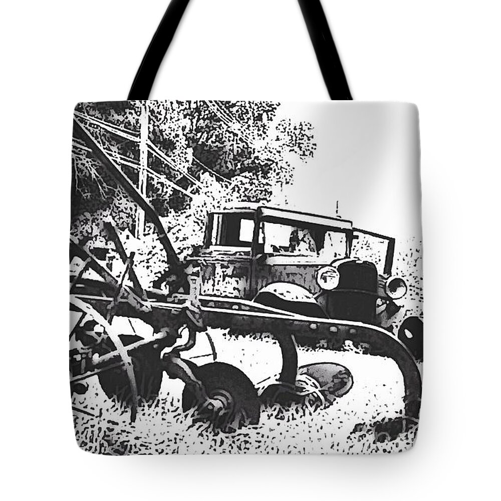 Mixmedia Tote Bag featuring the mixed media Old And Rusty in Black White by MaryLee Parker