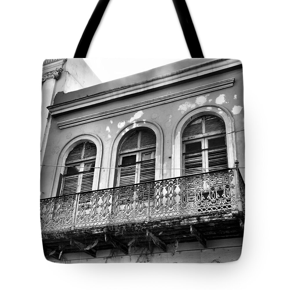 Balcony Tote Bag featuring the photograph Old Balcony Black and White by Rosalie Scanlon