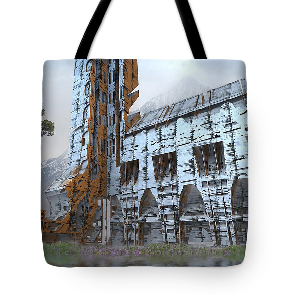 Sciencefiction Scifi Grunge Dystopian Architecture Building Fractal Fractalart Mandelbulb3d Mandelbulb Landscape Tote Bag featuring the digital art Old Barn and Silo by Hal Tenny