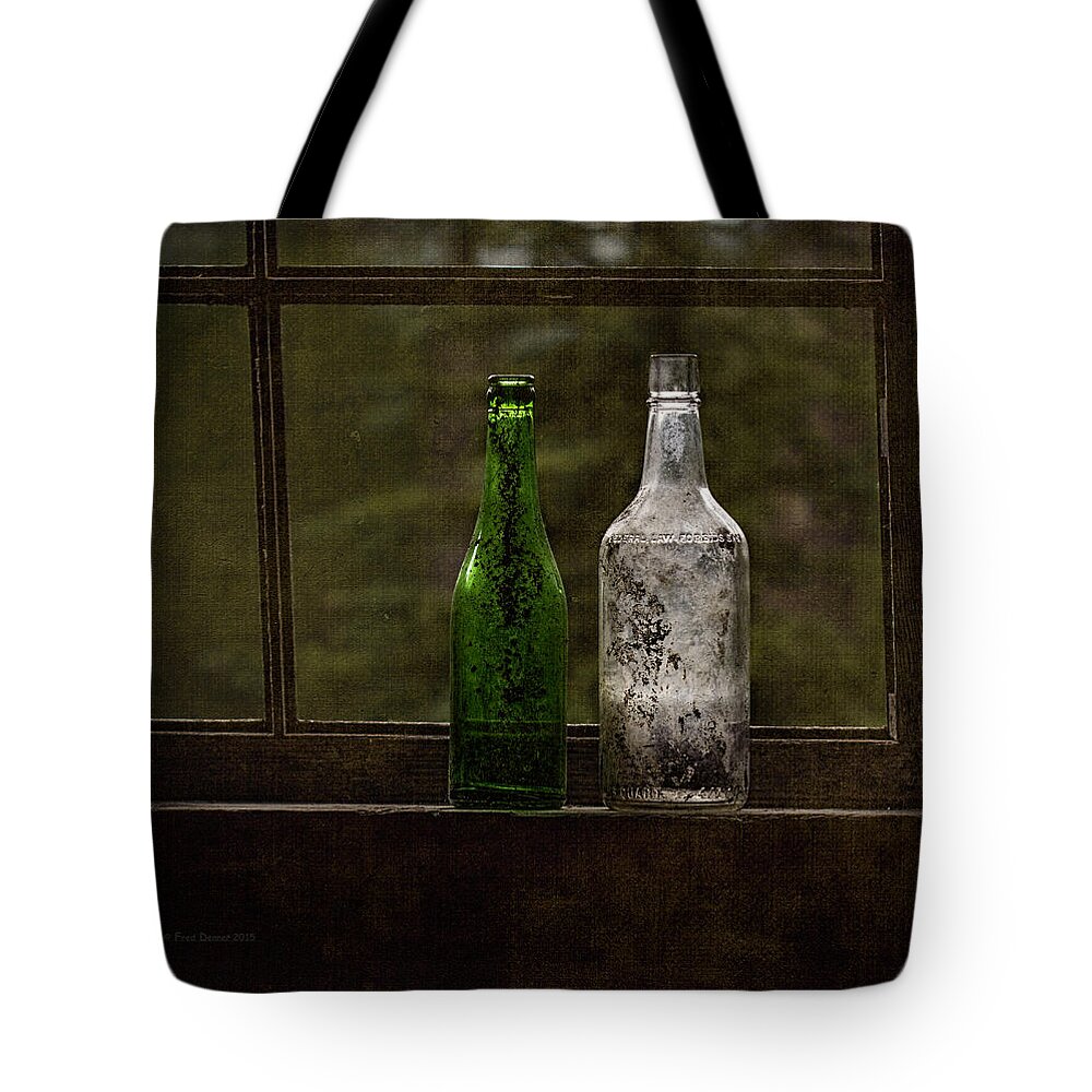 Bottles Tote Bag featuring the photograph Old Bottles in Window by Fred Denner